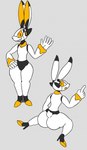 5_fingers anthro butt fingers front_view machine male rear_view scut_tail short_tail smile solo tail white_body yellow_eyes jiqqy 13un lagomorph leporid mammal rabbit robot hi_res model_sheet