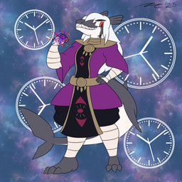 anthro barefoot biped black_clothing clock clothing feet grey_body grey_skin purple_clothing red_eyes robe sharp_teeth smile teeth dirtymac mac-daddy aquatic fish shark space_dragon_(metroid) 1:1 absurd_res hi_res nonbinary_(lore)