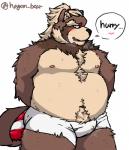 anthro belly blush bodily_fluids brown_body brown_fur clothing cum fur genital_fluids male moobs navel nipples overweight overweight_anthro overweight_male simple_background solo text underwear hagom lifewonders tokyo_afterschool_summoners goemon_(tas) canid canine mammal raccoon_dog tanuki 2019 absurd_res hi_res