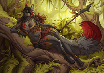 4_toes 5_fingers anklet anthro barefoot big_breasts black_body black_fur black_hair black_nose bottomwear bracelet breasts claws cleavage clothed clothing feet female finger_claws fingers forest fur gold_(metal) gold_anklet gold_bracelet gold_jewelry hair hindpaw humanoid_hands jewelry jungle loincloth melee_weapon nature navel necklace outside paws plant polearm smile solo spear toe_claws toes tree tribal weapon kuroame moria_parrell canid canine fox mammal hi_res
