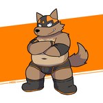 anthro belly black_nose brown_body bulge clothing cute_fangs kemono male mask navel one_eye_closed overweight overweight_male simple_background solo underwear wink flappydog flappydog_(character) canid canine canis domestic_dog mammal 1:1 2022