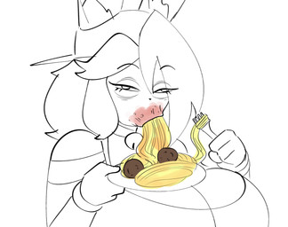 anthro backwards_baseball_cap backwards_hat baseball_cap bell bell_collar big_breasts breasts cleavage clothed clothed_anthro clothed_female clothing collar cutlery derp_eyes eating eating_food eating_spaghetti eye_through_hair eyebrow_through_hair eyebrows eyelashes eyelashes_through_hair female food fork furgonomic_baseball_cap furgonomic_hat furgonomic_headwear furgonomics hair hat headgear headwear holding_fork holding_plate huge_breasts inner_ear_fluff jingle_bell jingle_bell_collar kitchen_utensils meatball narrowed_eyes pasta plate shitpost solo spaghetti squint tomato_sauce tools topwear translucent translucent_hair tuft theycallhimcake oney_plays puhskinti_day pb_(theycallhimcake) lagomorph leporid mallkin mammal rabbit 2022 bust_portrait digital_drawing_(artwork) digital_media_(artwork) hi_res meme portrait restricted_palette busty_boy_(lore) male_(lore)