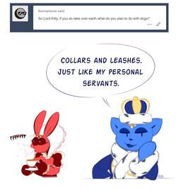 anthro ask_blog blue_body blue_fur breasts cleavage clothed clothing duo female fur pink_body pink_fur queen royalty shortstack simple_background speech_bubble spit-take text user_avatar white_background averyshadydolphin tumblr anon bunny_(averyshadydolphin) kitty_(averyshadydolphin) domestic_cat felid feline felis lagomorph leporid mammal rabbit 2018 english_text
