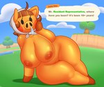 acstlu aged_up animal_crossing anthro areola beady_eyes big_breasts black_eyes bodily_fluids breasts brown_hair clothing cloud daisy_mae_(animal_crossing) dialogue english_text female genitals grass hair header header_box headgear headwear hi_res huge_breasts looking_at_viewer mammal mostly_nude nintendo nipples orange_body outside overweight overweight_anthro overweight_female plant pussy sky snot snout solo suid suina sus_(pig) talking_to_viewer text text_header thick_thighs third-party_edit tree wide_hips wild_boar