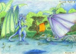 1999 anthro bathing breasts colored_pencil_(artwork) countershading day detailed_background dragon duo english_text fafnirkristensen female genitals green_body green_countershading green_membrane male membrane_(anatomy) membranous_wings mythological_creature mythological_scalie mythology nipples non-mammal_breasts non-mammal_nipples nude outside partially_submerged plant pond purple_body purple_countershading purple_membrane pussy romantic romantic_ambiance scalie sky standing tail text towel traditional_media_(artwork) tree water wings