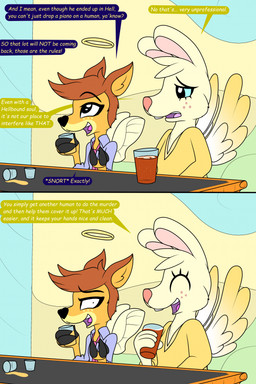 alcohol anthro bar beverage blue_sclera brown_body brown_fur buckteeth clothing cloven_hooves collared_shirt constricted_pupils container cup dialogue dress_shirt drinking_glass duo feathered_wings feathers female freckles fur glass glass_container glass_cup halo hooves necktie pupils shirt shocked shot_glass small_pupils spilled_drink tan_body tan_fur teeth text topwear tunic wings dazed-and-wandering angel_hare hellaverse helluva_boss the_east_patch angel_gabby deerie_(helluva_boss) angel angel_hare_(the_east_patch) deer hare lagomorph leporid mammal comic crossover english_text hi_res