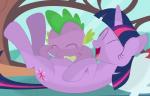 bed belly belly_kiss cutie_mark duo female feral furniture hair horn kissing laugh male multicolored_hair pillow purple_body purple_skin tickling zerbert porygon2z friendship_is_magic hasbro my_little_pony mythology spike_(mlp) twilight_sparkle_(mlp) dragon equid equine mammal mythological_creature mythological_equine mythological_scalie scalie unicorn absurd_res hi_res