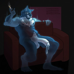 anthro balls belly big_penis blue_body blue_fur bodily_fluids cigarette claws cum erection eyewear fangs feet fur furniture genital_fluids genitals glasses hair humanoid_genitalia humanoid_penis leaking long_penis looking_at_viewer male muscular muscular_anthro muscular_male navel neck_tuft nude on_sofa paws pecs penis precum simple_background sitting sitting_on_sofa smile smoke sofa solo teeth text toes translucent translucent_hair tuft white_body veganlettuce canid canine canis ghost mammal spirit wolf 1:1 2025 artist_name colored digital_drawing_(artwork) digital_media_(artwork) hi_res shaded signature watermark