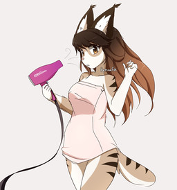 anthro countershading dryer female fur hair_dryer looking_at_viewer solo striped_body striped_fur stripes towel towel_only kymmafox felid feline mammal hi_res source_request unavailable_at_source
