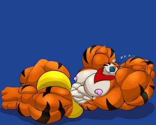 anthro big_muscles bulge countershading detailed_bulge exercise genital_outline huge_muscles hyper hyper_muscles male mascot muscular muscular_anthro muscular_male nipples pecs penis_outline sleeping solo workout monstadog frosted_flakes kellogg's tony_the_tiger felid mammal pantherine tiger 5:4 absurd_res hi_res
