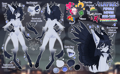 2_horns 5_fingers anthro black_body black_fur black_horn black_pawpads blue_eyes blue_tongue blurred_background breasts butt calf_tuft claws color_swatch digitigrade ear_piercing featureless_breasts featureless_crotch female female_anthro fingers front_view fur hair hip_tuft hooves horn leg_tuft lgbt_pride long_hair looking_at_viewer looking_back looking_back_at_viewer mouth_closed multicolored_body multicolored_fur multiple_poses nude open_mouth pansexual_pride_colors pawpads piercing pointy_ears pose pride_colors pronouns rear_view solo stated_sexuality text tongue tuft two_tone_body two_tone_fur unguligrade white_body white_fur wings royials laybel demon character_name english_text hi_res model_sheet species_name watermark