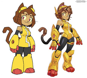 anthro breasts brown_body brown_hair clothing eyebrows eyelashes eyewear eyewear_on_head female goggles goggles_on_head hair machine magenta_eyes redesign solo whiskers yellow_sclera lordyanyu gameoverse glitch_productions kit_bodega domestic_cat felid feline felis mammal robot robot_anthro 2026 meme