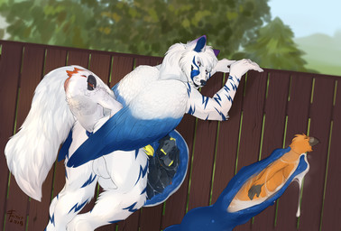 almost_fully_inside anal anal_vore anthro anus arm_markings balls beak black_beak black_body black_fur blue_anus blue_body blue_feathers blue_penis blue_tongue bodily_fluids body_in_anus closed_smile cock_vore cum cum_on_leg cum_on_own_penis cum_on_penis cum_on_self detailed_background erection eyes_closed feathered_wings feathers feet_first fence fully_inside fur genital_fluids genitals grey_body grey_fur group head_tuft leaning leaning_forward leg_markings looking_back male male_pred markings mouth_closed multiple_prey narrowed_eyes orange_body outside partially_inside penile penis plant puffy_anus purple_ears red_tongue smile standing tail three-quarter_view tongue translucent translucent_body tree tuft vore white_balls white_body white_feathers white_tail wings yellow_body yellow_fur famir opalwing avian canid canine canis mammal sergal wolf 2019 dated hi_res picture_in_picture signature