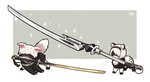 blindfold blush clothed clothing duo female feral fur hair holding_melee_weapon holding_object holding_sword holding_weapon male melee_weapon object_in_mouth simple_background size_difference sword sword_in_mouth weapon white_body white_fur missaka nier_automata platinumgames yorha_2b yorha_9s canid canine canis domestic_dog felid mammal pantherine snow_leopard digital_media_(artwork) hi_res