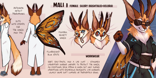antennae_(anatomy) anthro big_ears big_tail claws clothing dark_sclera female fluffy fluffy_tail front_view neck_tuft redesign side_view simple_background smile surprised tail text tongue tongue_out tuft wings lonerdemiurge mali_(mali.maw) silory absurd_res english_text hi_res