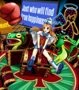black_eyes blonde_hair blush boxing_gloves clothing gloves group hair handwear hat headgear headwear human_focus lights not_furry_focus purple_eyes screen sitting treasure_chest yellow_sclera blackorb00 power_instinct princess_sissy amphibian angel frog human mammal