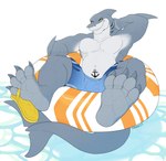 4_toes anthro claws clothing feet floating foot_focus footwear grey_body grin grinning_at_viewer hand_behind_head looking_at_viewer loose_footwear lying male musclegut muscular muscular_anthro muscular_male navel pool pool_toy pool_tube relaxing sandals sharp_teeth shoe_dangle shoes simple_background slightly_chubby smile solo swimwear tail_underwater tattoo teeth toes water white_background white_body yellow_sclera takesu fish marine shark 2023 hi_res signature