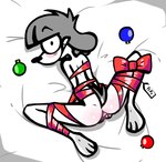 anal andromorph anthro arms_tied bed blush blush_lines bound butt christmas_clothing christmas_decorations christmas_gift clothing dog_ears dog_tags dog_tail domestig_dog embarrassed feet female female_anthro floppy_ears fur furniture genitals gift good_girl hair holidays intersex legs_tied legwear looking_at_viewer looking_back narrow_hips nude paws pussy scared scared_face short_hair simple_background slim slim_female snout solo spread_legs spreading surprised_expression tail thin_calves thin_legs toes toony white_background white_body white_fur wide_hips christmas fifi_(somemf) canid canine canis domestic_dog humanoid mammal poodle absurd_res artist_name hi_res