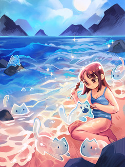 ambiguous_gender barefoot beach blush breasts brown_hair cleavage clothed clothing detailed_background fangs feeding feet female feral food group hair kebab loaf mountain one-piece_swimsuit open_mouth outside rock shoreline smile swimwear tail teeth translucent translucent_body water feefal domestic_cat elemental_creature felid feline felis human mammal water_creature digital_media_(artwork) hi_res