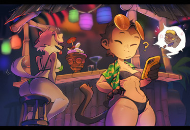 anthro bikini bikini_bottom bikini_top breasts butt cellphone clothing container crop_top cross-popping_vein cup dessert duo electronics feet female food fur glass glass_container glass_cup ice_cream legwear medium_breasts phone plant question_mark shirt small_breasts small_waist smartphone speech_bubble swimwear tail thick_thighs thigh_highs topwear tree two-piece_swimsuit wide_hips foresttherotten lucky_(foresttherotten) nana_(foresttherotten) canid canine canis domestic_dog haplorhine mammal monkey primate reptile scalie hi_res
