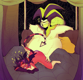4_arms bed bed_sheet bedding belly black_hair detailed_background duo female female_penetrated from_behind_position fur furniture green_eyes hair heart_symbol larger_male male male/female male_penetrating male_penetrating_female multi_arm multi_limb overweight overweight_male penetration pillow red_body red_skin sex size_difference smaller_female tail teeth white_body white_fur getridofangels hellaverse helluva_boss mammon_(helluva_boss) demon humanoid imp 2024 digital_drawing_(artwork) digital_media_(artwork) hi_res