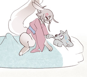 anthro bed bedding big_tail black_choker black_jewelry black_necklace black_nose blanket bodily_fluids choker clothing cross-popping_vein crouching duo fluffy fluffy_tail fur furniture grey_body grey_fur hair head_tuft jewelry long_tail looking_at_another lying lying_on_bed male necklace on_bed on_top_of_another pillow pink_eyes red_clothing simple_background sweat tail tuft white_background mikosi mikosi_(oc) canid canine fox mammal 2025 nonbinary_(lore)
