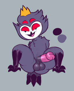 4_eyes aged_down anthro balls big_penis butt chest_tuft crown erection feet genitals grey_body headgear humanoid_genitalia humanoid_penis looking_at_viewer male multi_eye nude open_mouth penis red_eyes shota small_but_hung smile solo talons thick_thighs toes tuft young young_anthro purpbatboi hellaverse helluva_boss stolas_(helluva_boss) avian owl_demon hi_res