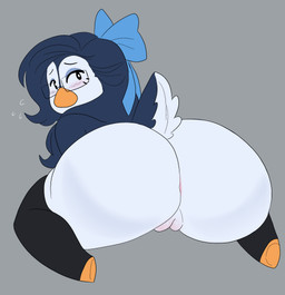 anthro beak big_butt black_clothing black_legwear black_thigh_highs blue_bow blue_hair blush blush_lines butt clothing eyewear female genitals glasses grey_background hair innie_vulva kneeling legwear legwear_only long_hair looking_at_viewer looking_back looking_back_at_viewer mostly_nude nude rear_view rectangular_glasses simple_background solo thick_thighs thigh_highs thigh_highs_only vulva wide_hips paeonypetals avian bird penguin absurd_res hi_res
