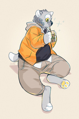 anthro barefoot beverage black_clothing black_nose black_topwear bottomwear clothed clothing drinking eyewear feet fur glasses grey_body grey_bottomwear grey_clothing grey_fur grey_pants head_tuft hindpaw holding_beverage holding_object male orange_clothing orange_topwear overweight overweight_anthro overweight_male pants pawpads paws rectangular_glasses simple_background sitting solo three-quarter_view topwear tuft white_body white_fur wide_eyed yellow_pawpads asnnonaka asian_mythology east_asian_mythology japanese_mythology mythology ryuusei foo_dog komainu mammal yokai digital_media_(artwork) full-length_portrait hi_res portrait shaded signature nonbinary_(lore)