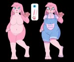 anthro belly big_belly big_ears blue_eyes breasts clothed clothing eyewear featureless_breasts female front_view fur gesture glasses glistening glistening_eyes hair navel nude overalls overweight overweight_anthro overweight_female pink_body pink_ears pink_fur pink_hair pink_nose shortalls simple_background solo standing transparent_background waving waving_at_viewer wearing_glasses bunnykisses lily_(bunnykisses) lagomorph leporid mammal rabbit absurd_res alpha_channel hi_res