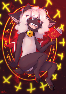 bell book brown_body brown_fur chibi collar fangs female flat_chested floating floppy_ears fur genitals hair hooves horn ineffective_censorship kemono light lop_ears nude open_mouth poster red_eyes satanic smile solo teeth vulva white_body white_fur white_hair wool_(fur) maiiyumi cult_of_the_lamb massive_monster_(studio) lamb_(cult_of_the_lamb) bovid caprine hybrid mammal sheep absurd_res cel_shading censored hi_res mosaic_censorship shaded