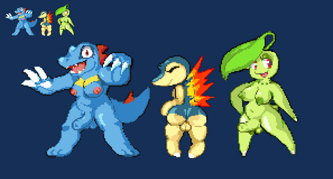 anthro anthrofied areola back_spikes backsack balls big_butt biped blue_body blue_skin breasts butt claws erect_nipples eyeliner eyes_always_closed eyes_closed eyeshadow fire flaming_back genitals green_body green_skin group gynomorph hand_on_hip head_leaf intersex leaf leaf_hair long_penis makeup navy_fur nipples nude penis plant plant_hair pointed_feet pseudo_hair rear_view red_eyes shortstack shortstack_gynomorph shortstack_intersex simple_background small_waist spikes spikes_(anatomy) sprite sprite_art thick_thighs transparent_background trio pester nintendo pokemon chikorita cyndaquil elemental_creature flora_fauna generation_2_pokemon pokemon_(species) totodile 2021 alpha_channel digital_media_(artwork) pixel_(artwork)