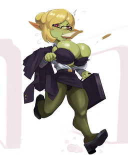 barely_visible_underwear big_breasts biped blonde_hair blush bottomwear bra breasts camel_toe cleavage cleavage_overflow clothed clothing crotch_seam eyewear female footwear glasses green_body hair huge_breasts not_furry panties panty_peek panty_shot partially_visible_underwear shoes solo topwear underwear wardrobe_malfunction cranihum goblin humanoid absurd_res hi_res