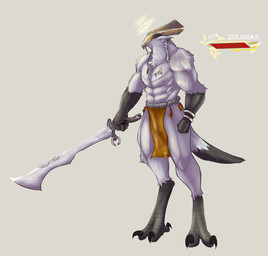 abs anthro armband armor beak blade bone bottomwear braided_hair braided_ponytail claws clothing facial_hair feathers feet fur gameplay_mechanics gui hair halo headgear health_bar helmet jewelry loincloth male mask melee_weapon muscular muscular_thighs mustache necklace nipple_piercing nipples pecs piercing ponytail scales solo sword tail tail_feathers talons toes weapon whiskers white_body white_fur susono avian bird deity hi_res