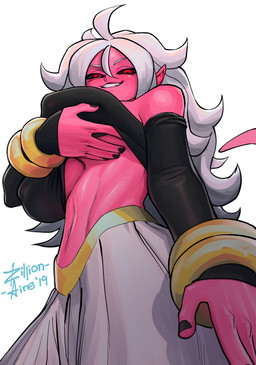 big_breasts blush breasts female glistening glistening_body huge_breasts humanoid_pointy_ears looking_at_viewer looking_down nipples pink_body pink_skin pointy_ears simple_background smile solo white_background zillionaire dragon_ball dragon_ball_fighterz android_21 majin_android_21 alien alien_humanoid humanoid majin hi_res