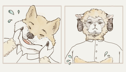 anthro bodily_fluids clothed clothed_anthro clothed_male clothing duo ears_up eyes_closed fur holding_another holding_face horn looking_at_another looking_down male male/male open_mouth saliva shirt smile smiling_at_another suggestive_pose teeth teeth_showing tongue topwear white_clothing white_shirt white_topwear wool_(fur) reynard_goodfellow reynard_the_baa bovid canid canine canis caprine mammal sheep wolf