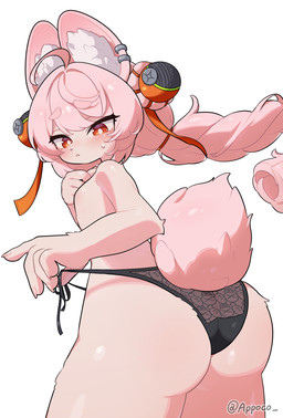 accessory ahoge anthro black_clothing black_panties black_text black_underwear blush bodily_fluids body_blush braided_hair breast_blush breasts butt butt_focus chest_blush circle_eyebrows claws clothed clothing clutching_chest ear_piercing ear_ring ears_up eyebrows eyelashes featureless_breasts female fluffy fluffy_tail frown fur hair hair_accessory hand_on_chest inner_ear_fluff lace_panties long_eyelashes long_hair long_nails looking_down nails orange_eyes panties panties_only piercing pinch pink_body pink_breasts pink_butt pink_chest pink_claws pink_ears pink_eyebrows pink_fingers pink_fur pink_hair pink_hand pink_inner_ear pink_tail pupils ring_piercing scut_tail short_tail simple_background small_breasts solo sweat tail text topless tuft underwear underwear_only untying white_background white_inner_ear_fluff young young_anthro young_female appoco mihoyo zenless_zone_zero zhao_(zenless_zone_zero) lagomorph mammal thiren 2026 colored digital_media_(artwork) hi_res signature adult_(lore)