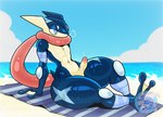 anthro beach_towel blue_eyes erection femboy genitals jewelry male necklace nude penis sand sea seaside sigh sky solo thick_thighs towel water wet wet_body wide_hips emmet_twunks nintendo pokemon alex_(mclarensenna18) generation_6_pokemon greninja pokemon_(species)