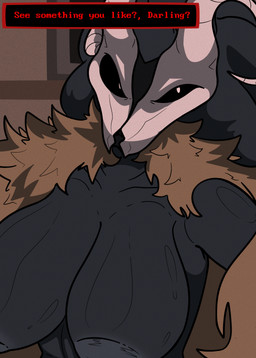 anthro big_breasts black_body black_hair bone breasts brown_body brown_fur clothing crossgender dialogue female fur hair horn looking_at_viewer nipples skull skull_head solo store jkiubix outcome_memories tarven_(outcome_memories) bovid bovine mammal hi_res