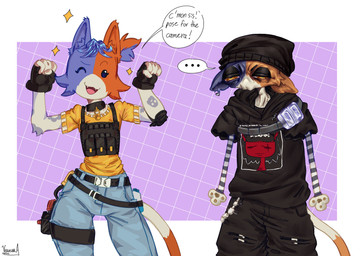 anthro arm_tattoo beanie belt black_beanie black_bottomwear black_clothing black_eyeshadow black_hat black_headwear black_hoodie black_pants black_topwear bottomwear bulletproof_vest cat_smile cheek_tuft clothing collar denim denim_bottomwear denim_clothing dialogue duo ear_piercing elbow_pads ellipsis eyeshadow facial_tuft female fingerless_gloves fur gloves handwear hat headgear headwear hoodie jeans makeup multicolored_body multicolored_fur narrowed_eyes one_eye_closed orange_body orange_fur oversized_bottomwear oversized_clothing oversized_pants pants paw_pose paws piercing pose purple_body purple_fur shirt sparkles striped_sleeves tail tattoo text thigh_strap topwear torn_bottomwear torn_clothing torn_hoodie torn_pants tuft utility_belt wink yellow_clothing yellow_eyes yellow_shirt yellow_topwear verashaabrthy epic_games fortnite cate_meowdy meow_skulls calico_cat domestic_cat felid feline felis mammal 2025 absurd_res dated english_text hi_res cousins_(lore) sibling_(lore) sister_(lore) sisters_(lore)