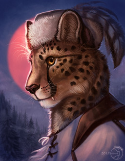 amber_eyes ambiguous_gender anthro black_nose brown_body brown_fur brown_spots clothed clothing cloud detailed_background detailed_fur dusk ear_markings facial_markings fangs fog forest fur hat head_markings headgear headwear inner_ear_fluff light long_mouth looking_at_viewer markings no_sclera orange_eyes outside plant shadow side_view sky snout solo spots spotted_body spotted_fur sun sunlight tan_body tan_fur teeth tree tuft whiskers flashw furiia cheetah felid feline mammal 2017 bust_portrait detailed digital_media_(artwork) portrait
