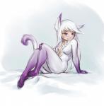 breasts butt clothing costume ear_piercing ear_ring female hair hand_on_leg looking_at_viewer piercing ring_piercing simple_background sitting smile solo white_hair 12-tf animal_humanoid cat_humanoid felid felid_humanoid feline feline_humanoid humanoid mammal mammal_humanoid 2017