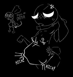 :v anthro black_background blush bodily_fluids cross-popping_vein female fetal_movement floppy_ears impact_lines lactating milk onomatopoeia pregnant pregnant_female raised_arm sigh simple_background solo sound_effects standing tail text tired_eyes breakcoreyuri full_of_milk/soup_(meme) vib-ribbon vibri lagomorph leporid mammal rabbit digital_drawing_(artwork) digital_media_(artwork) monochrome