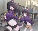 5_fingers adolescent age_difference anthro big_breasts black_hair blush bottomwear breasts clothing cropped_hoodie cute_fangs duo fangs female female_anthro fingers fur grey_body grey_fur hair hand_holding hoodie kemono legwear long_hair male male/female male_anthro midriff multicolored_body multicolored_fur older_female one_eye_closed open_mouth photo_background running short_hair shorts tail teeth thigh_highs tongue topwear two_tone_body two_tone_fur white_body white_fur young young_anthro young_male younger_male acorn_furry canid canine canis domestic_dog mammal 2025 digital_media_(artwork) hi_res mixed_media photography_(artwork)