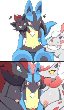 anthro areola big_breasts blush blush_lines breasts erection female genitals group hand_on_head male male/female nipples penis red_eyes simple_background smile standing trio white_background yellow_eyes yellow_sclera zk_(artist) nintendo pokemon generation_4_pokemon generation_5_pokemon generation_8_pokemon hisuian_form hisuian_zoroark hisuian_zorua lucario pokemon_(species) regional_form_(pokemon) zoroark zorua absurd_res censored comic hi_res