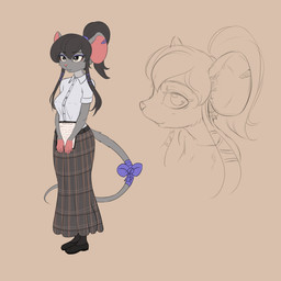 anthro biped clipboard clothed clothing eyebrows eyelashes female fingers footwear hair pink_nose shoes simple_background smile solo tail alcorart conditional_dnp mammal mouse murid murine rodent 1:1 2026 absurd_res hi_res sketch