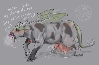 anthro_to_feral bodily_fluids crying cursed_object drooling ejaculation female feral gender_transformation lactating magic male mid_transformation saliva solo species_transformation tears transformation transformation_by_cursed_object bulkrolly mythology bovid bovine cattle dragon mammal mythological_creature mythological_scalie scalie absurd_res hi_res
