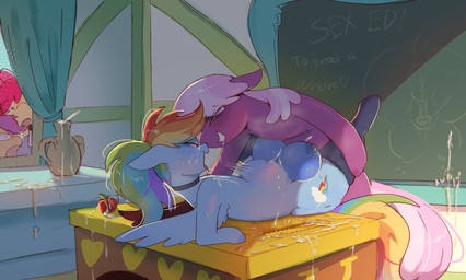 being_watched blue_body clothing crossgender desk detailed_background duo_focus eye_contact feathered_wings feathers female female_penetrated feral feral_on_feral feral_penetrated feral_penetrating feral_penetrating_feral from_front_position ftg_crossgender fti_crossgender furniture group gynomorph gynomorph/female gynomorph_penetrating hair inside intersex intersex/female intersex_penetrating legwear looking_at_another looking_pleasured lying multicolored_hair on_back on_desk penetration pink_hair purple_body quadruped sex sex_education table tail thick_thighs thigh_highs window wings sinful_pie friendship_is_magic hasbro my_little_pony mythology apple_bloom_(mlp) cheerilee_(mlp) rainbow_dash_(mlp) scootaloo_(mlp) equid equine mammal mythological_creature mythological_equine pegasus absurd_res hi_res