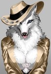 anthro big_breasts blue_eyes breasts cleavage clothed clothing coat ear_piercing eyelashes fedora female female_anthro fluffy full_cleavage fur gradient_background grey_background hat headgear headwear inner_boob inner_ear_fluff kemono kunai long_sleeves monotone_body monotone_fur neck_tuft open_clothing open_coat open_topwear open_trenchcoat piercing pink_tongue simple_background smile solo tan_clothing tan_hat tan_headwear tongue tongue_out topwear trenchcoat tuft weapon white_body white_fur sigma-d canid canine canis mammal wolf 2022 absurd_res dated digital_media_(artwork) half-length_portrait hi_res portrait signature