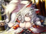 asian_clothing bell breasts claws clothed clothing east_asian_clothing facial_markings fangs female fluffy fluffy_tail fur hair hair_bell head_markings inside japanese_clothing long_hair looking_at_viewer lying markings multi_tail nipples partially_clothed pawpads paws pupils seductive slit_pupils smile solo tail teeth white_body white_fur white_hair yellow_eyes koishi_chikasa animal_humanoid canid canid_humanoid canine canine_humanoid fox fox_humanoid humanoid hybrid mammal mammal_humanoid 4:3 absurd_res hi_res